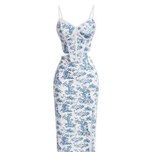 Blue and White Toile Bustier Two Piece Set